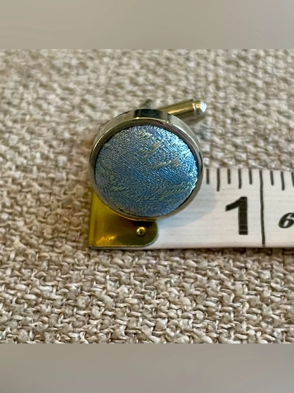 Silvertone Light Blue Brocade Fabric Round Cuff Links Men’s Formal Wedding Work